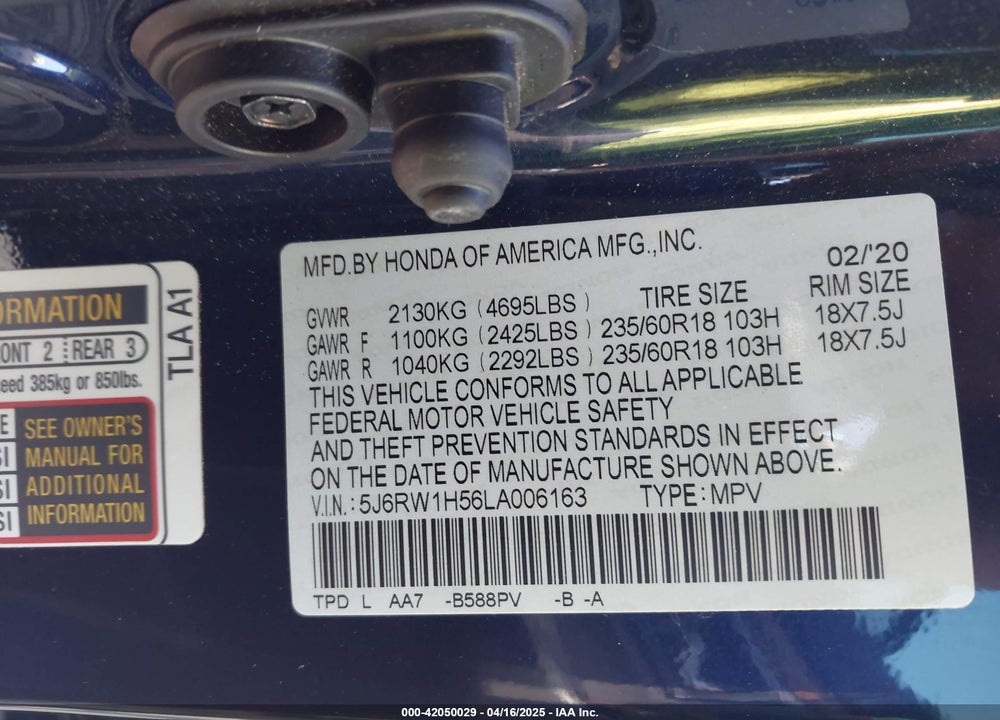 2020 HONDA CR-V VIN: 5J6RW1H56LA006163
