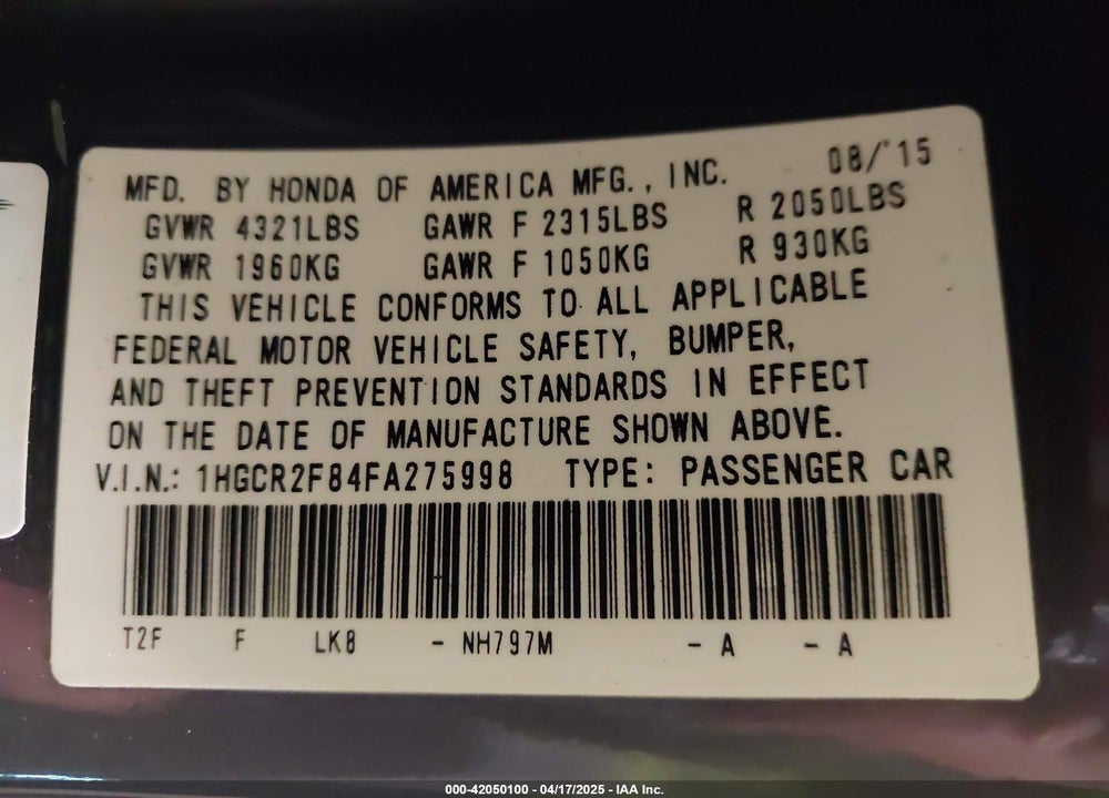 2015 HONDA ACCORD VIN: 1HGCR2F84FA275998