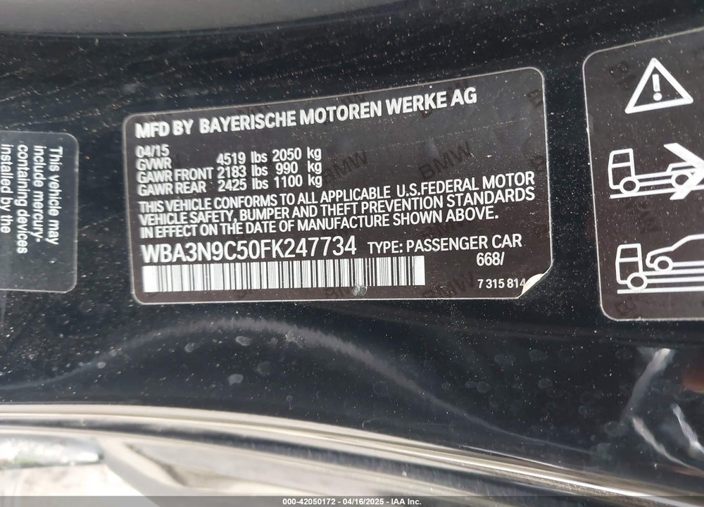 2015 BMW 428 VIN: WBA3N9C50FK247734