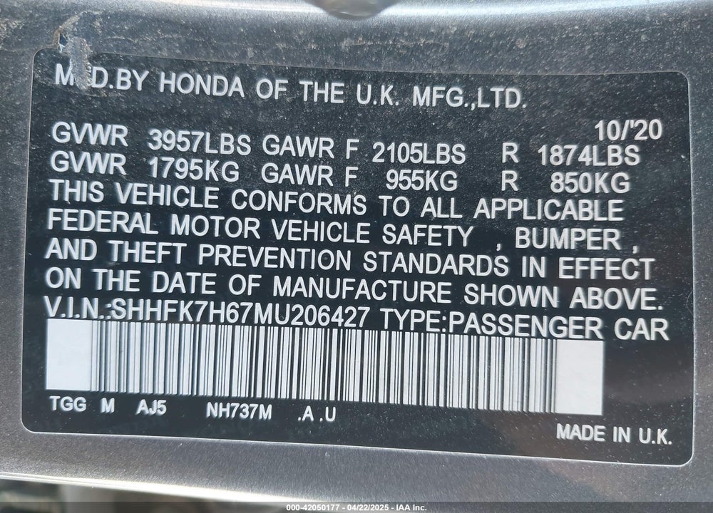 2021 HONDA CIVIC EX VIN: SHHFK7H67MU206427