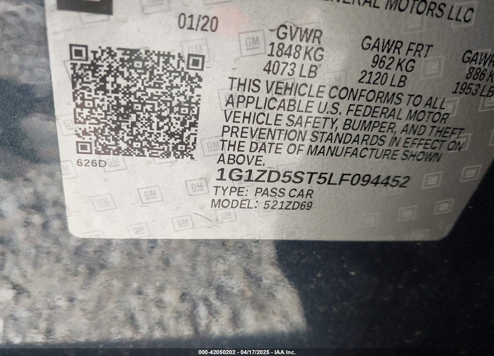 2020 CHEVROLET MALIBU VIN: 1G1ZD5ST5LF094452