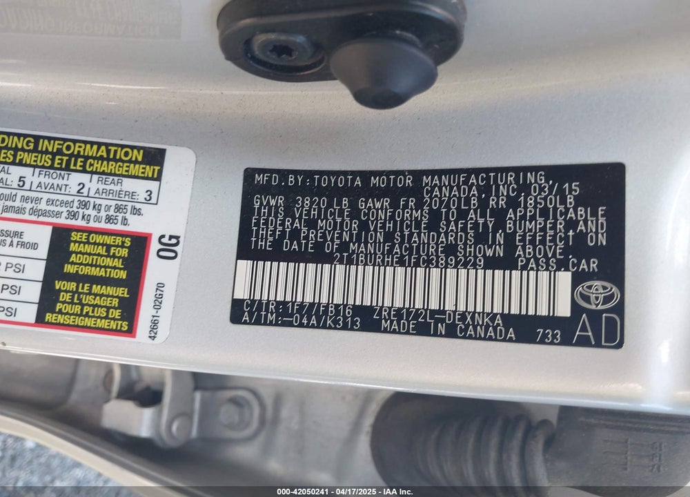 2015 TOYOTA COROLLA VIN: 2T1BURHE1FC389229