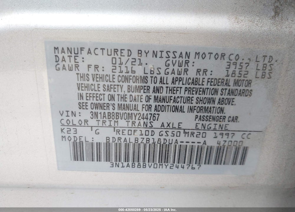 2021 NISSAN SENTRA S XTRONIC CVT VIN: 3N1AB8BV0MY244767