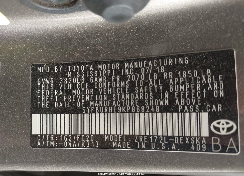 2019 TOYOTA COROLLA VIN: 5YFBURHE9KP868248