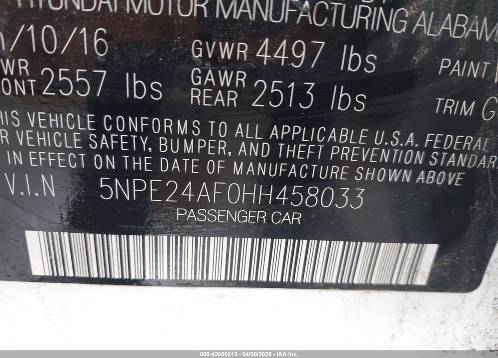 2017 HYUNDAI SONATA VIN: 5NPE24AF0HH458033