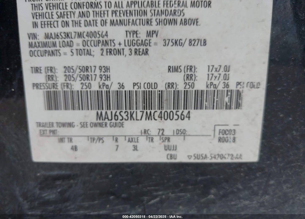 2021 FORD ECOSPORT TITANIUM VIN: MAJ6S3KL7MC400564