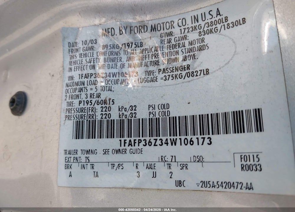 2004 FORD FOCUS SE VIN: 1FAFP36Z34W106173