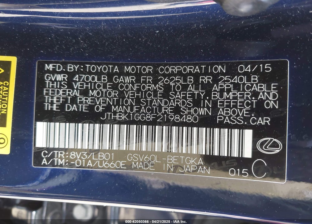 2015 LEXUS ES 350 VIN: JTHBK1GG8F2198480