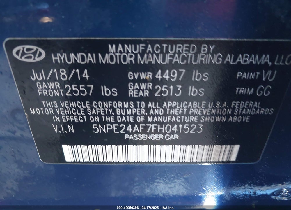 2015 HYUNDAI SONATA VIN: 5NPE24AF7FH041523