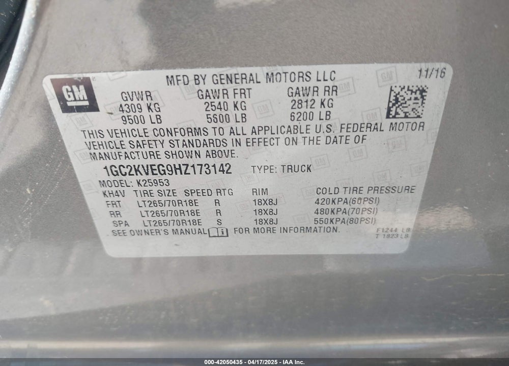 2017 CHEVROLET SILVERADO VIN: 1GC2KVEG9HZ173142
