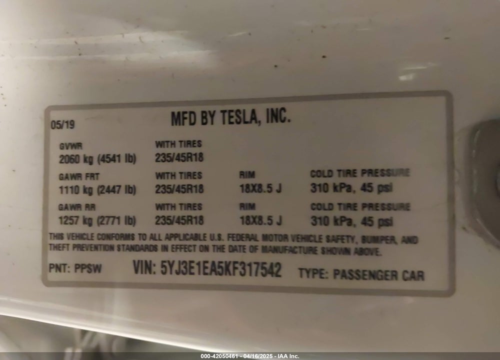 2019 TESLA MODEL 3 VIN: 5YJ3E1EA5KF317542