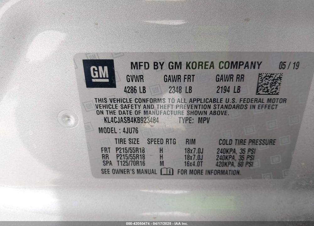 2019 BUICK ENCORE VIN: KL4CJASB4KB923484
