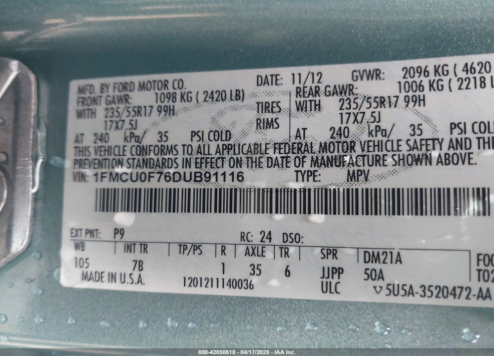 2013 FORD ESCAPE S VIN: 1FMCU0F76DUB91116