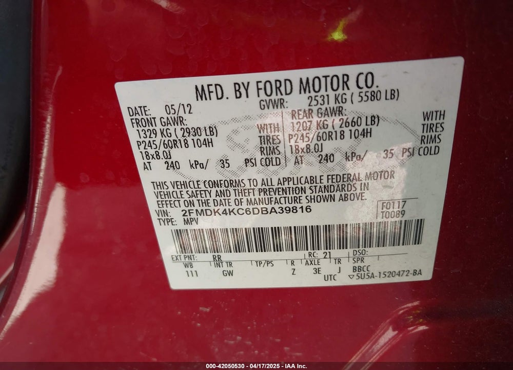 2013 FORD EDGE LIMITED VIN: 2FMDK4KC6DBA39816