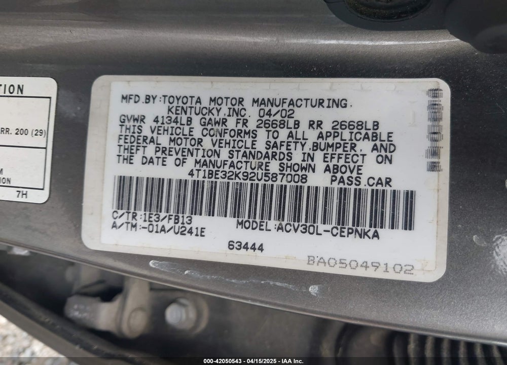 2002 TOYOTA CAMRY LE VIN: 4T1BE32K92U587008