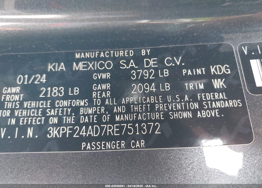 2024 KIA FORTE LX VIN: 3KPF24AD7RE751372