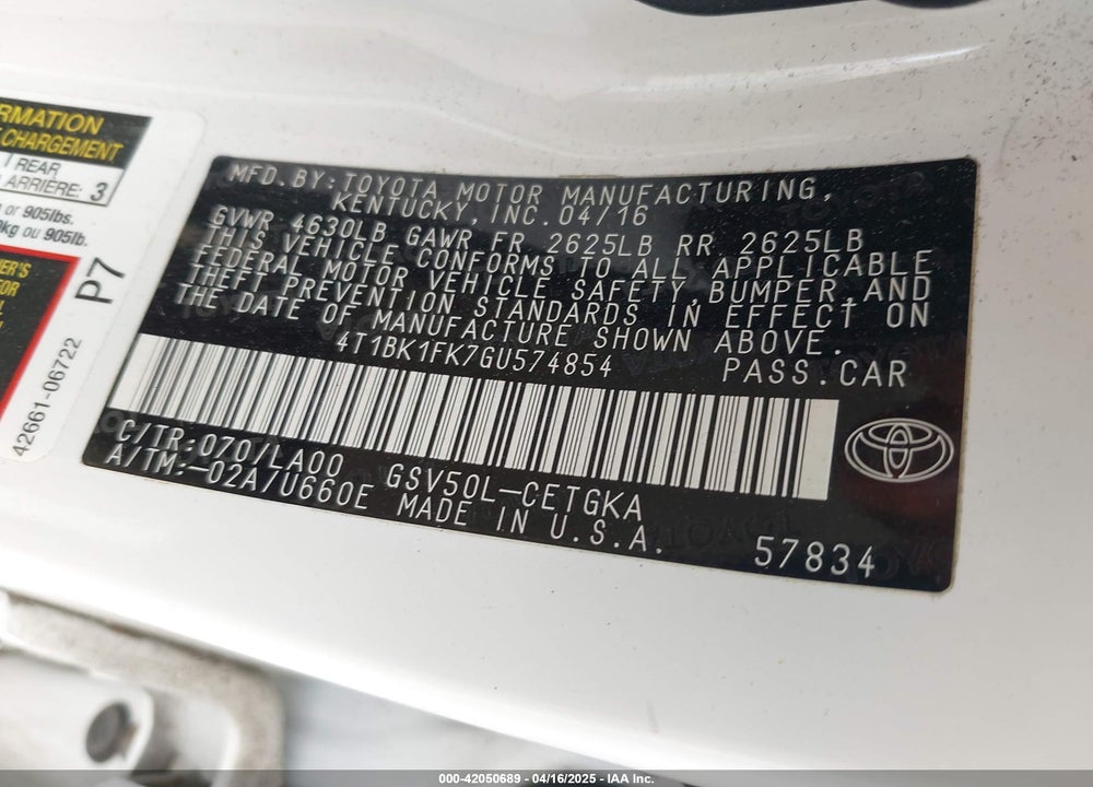 2016 TOYOTA CAMRY VIN: 4T1BK1FK7GU574854