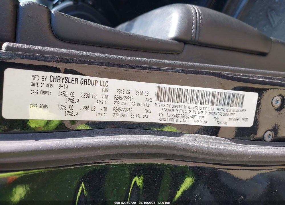 2011 JEEP GRAND CHEROKEE LAREDO VIN: 1J4RR4GG6BC547485