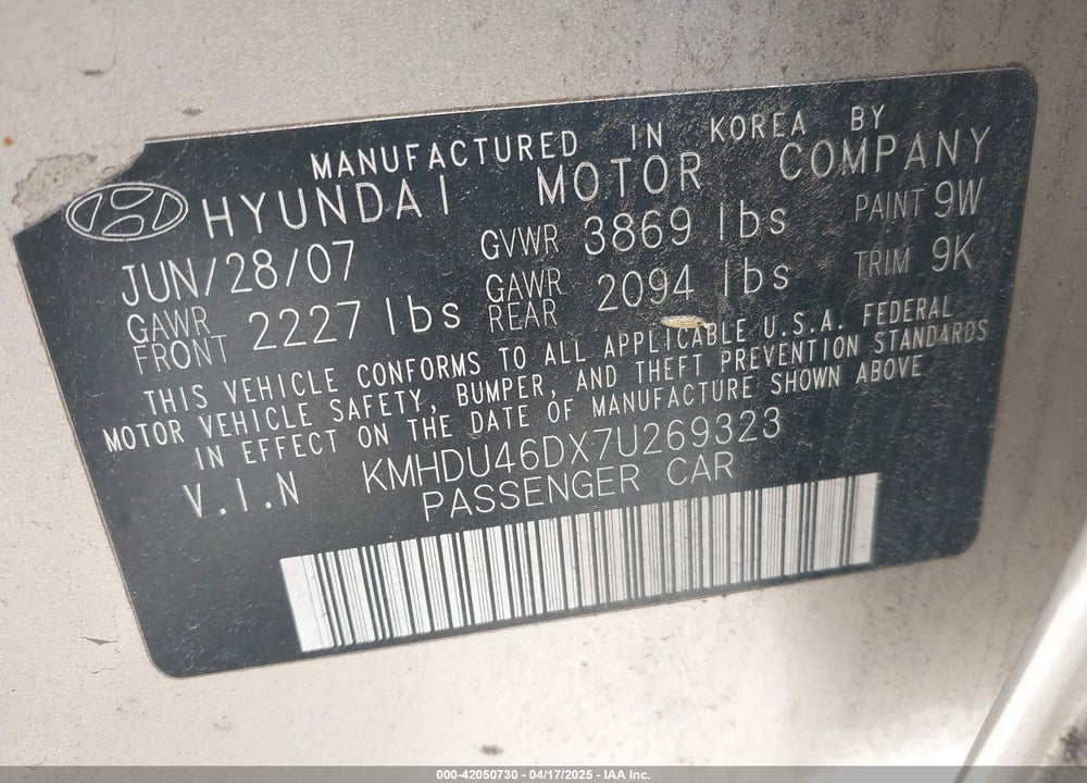 2007 HYUNDAI ELANTRA GLS/LIMITED/SE VIN: KMHDU46DX7U269323