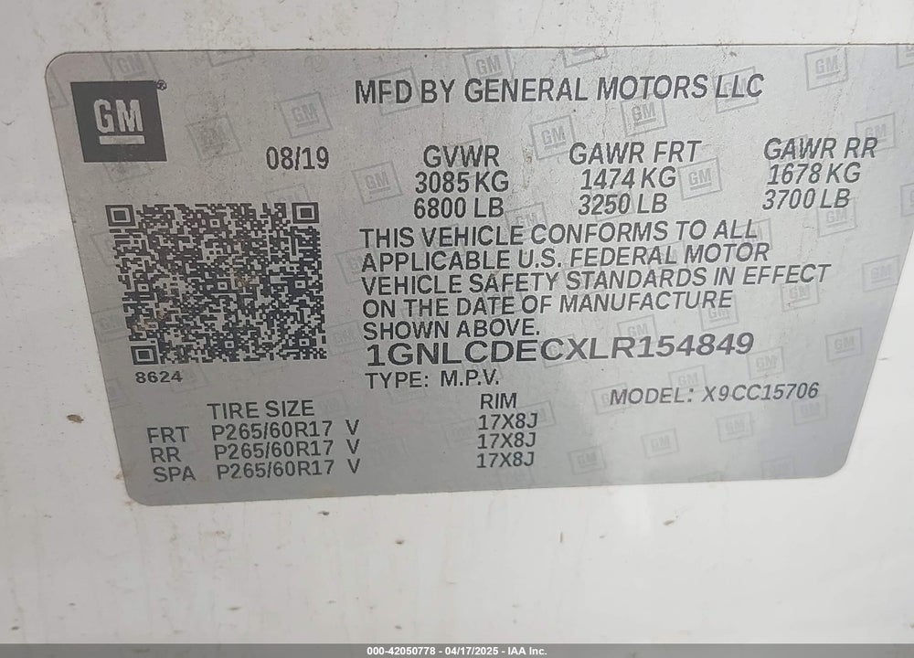 2020 CHEVROLET TAHOE VIN: 1GNLCDECXLR154849