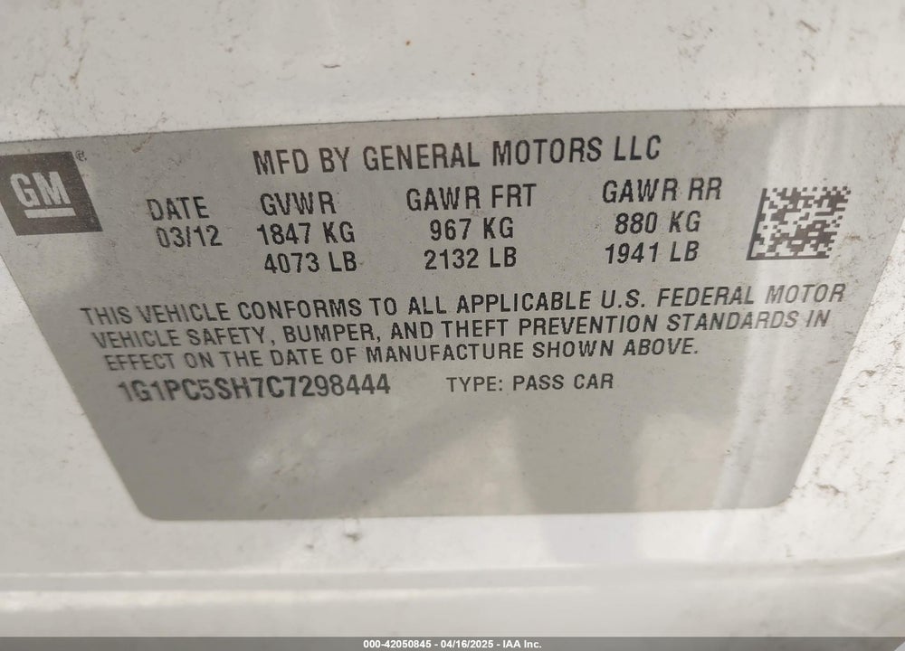 2012 CHEVROLET CRUZE VIN: 1G1PC5SH7C7298444