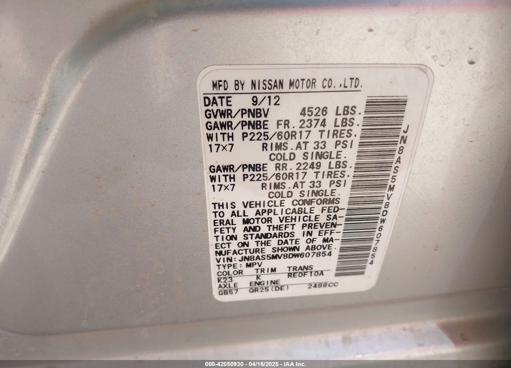 2013 NISSAN ROGUE VIN: JN8AS5MV8DW607854