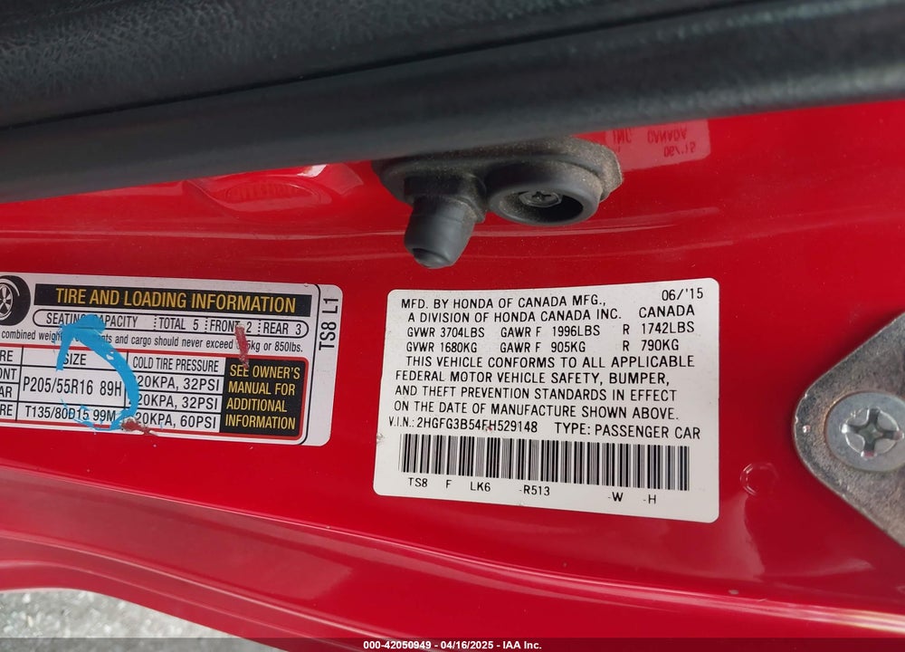 2015 HONDA CIVIC VIN: 2HGFG3B54FH529148