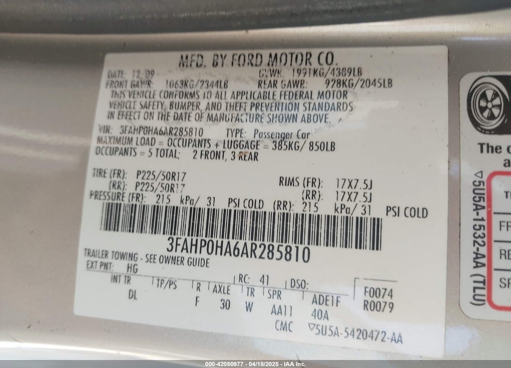 2010 FORD FUSION VIN: 3FAHP0HA6AR285810