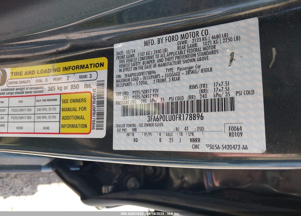 2015 FORD FUSION HYBRID VIN: 3FA6P0LU0FR178896