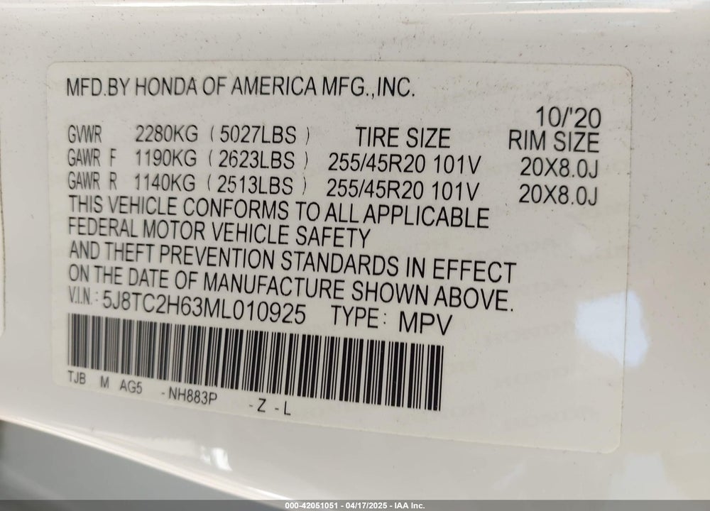 2021 ACURA RDX VIN: 5J8TC2H63ML010925