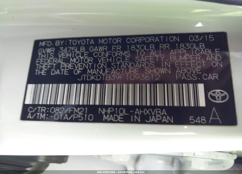 2015 TOYOTA PRIUS C VIN: JTDKDTB39F1093612