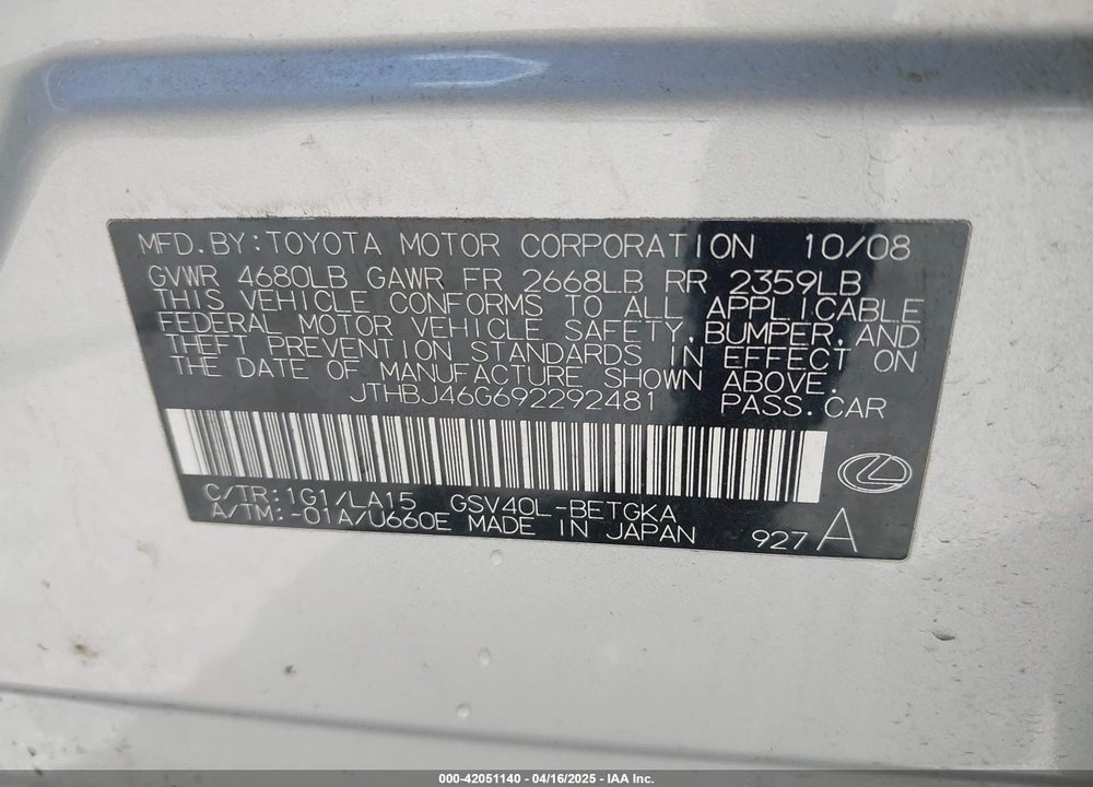 2009 LEXUS ES 350 VIN: JTHBJ46G692292481