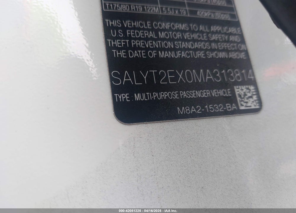 2021 LAND ROVER RANGE ROVER VELAR VIN: SALYT2EX0MA313814
