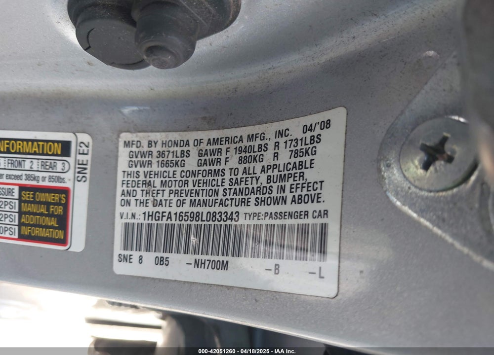 2008 HONDA CIVIC VIN: 1HGFA16598L083343
