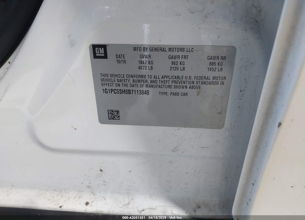 2011 CHEVROLET CRUZE VIN: 1G1PC5SH8B7113848
