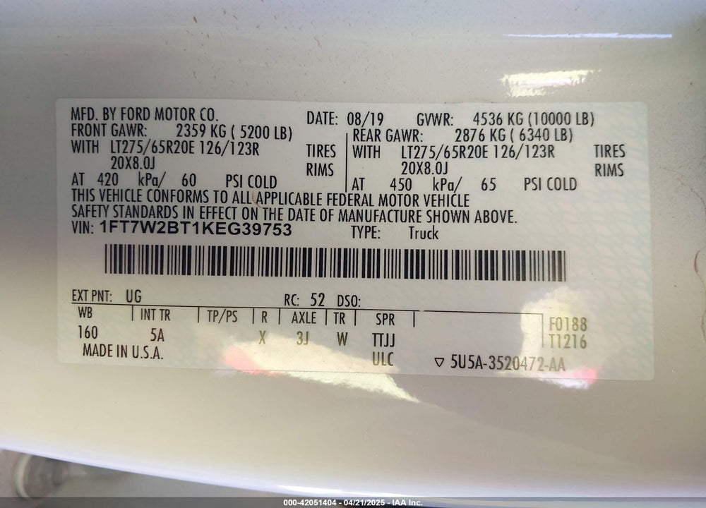 2019 FORD F-250 LARIAT VIN: 1FT7W2BT1KEG39753