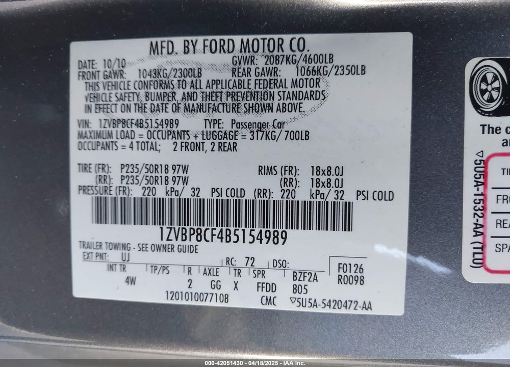 2011 FORD MUSTANG GT PREMIUM VIN: 1ZVBP8CF4B5154989