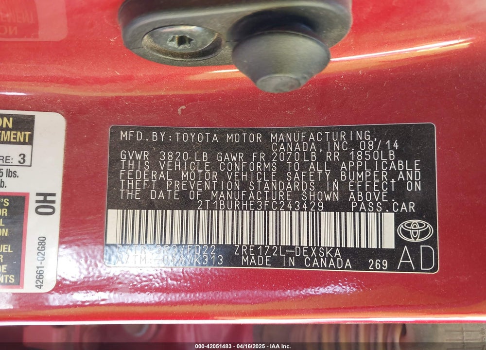 2015 TOYOTA COROLLA VIN: 2T1BURHE3FC243429