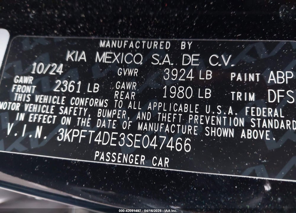 2025 KIA K4 VIN: 3KPFT4DE3SE047466