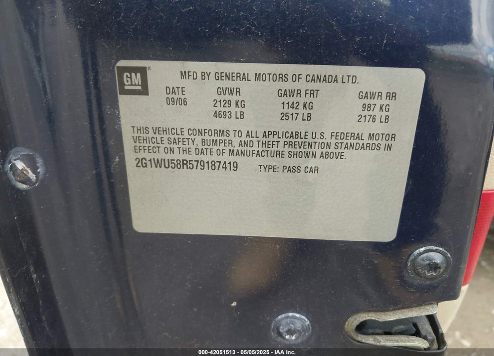 2007 CHEVROLET IMPALA LTZ VIN: 2G1WU58R579187419