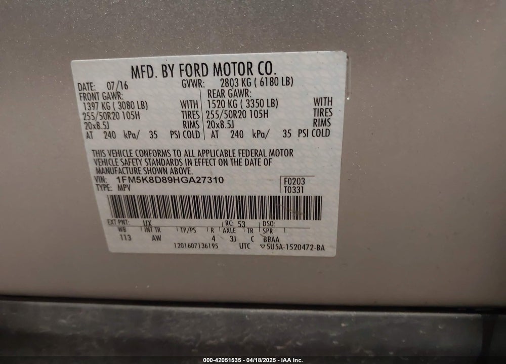 2017 FORD EXPLORER XLT VIN: 1FM5K8D89HGA27310