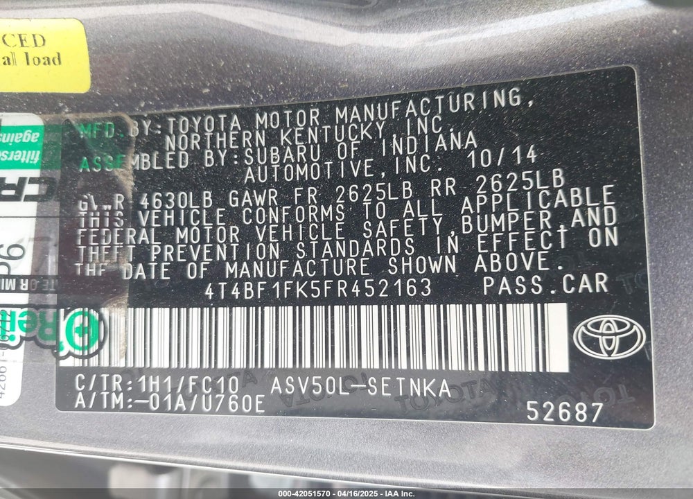 2015 TOYOTA CAMRY VIN: 4T4BF1FK5FR452163
