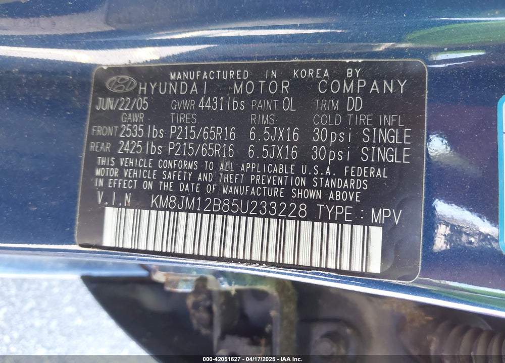 2005 HYUNDAI TUCSON VIN: KM8JM12B85U233228