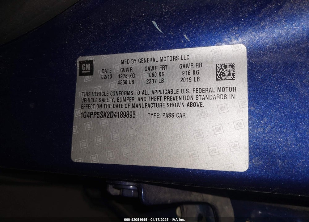 2013 BUICK VERANO VIN: 1G4PP5SK2D4189895