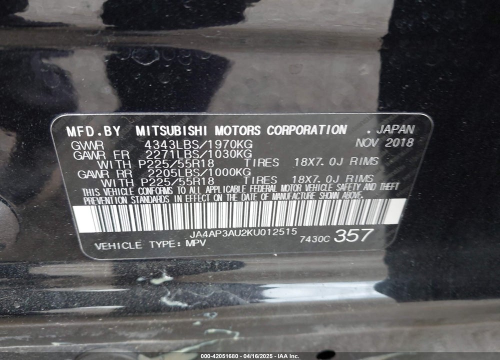 2019 MITSUBISHI OUTLANDER SPORT VIN: JA4AP3AU2KU012515