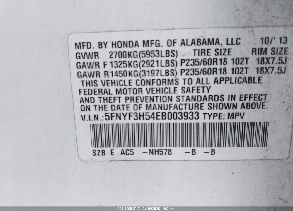2014 HONDA PILOT VIN: 5FNYF3H54EB003933