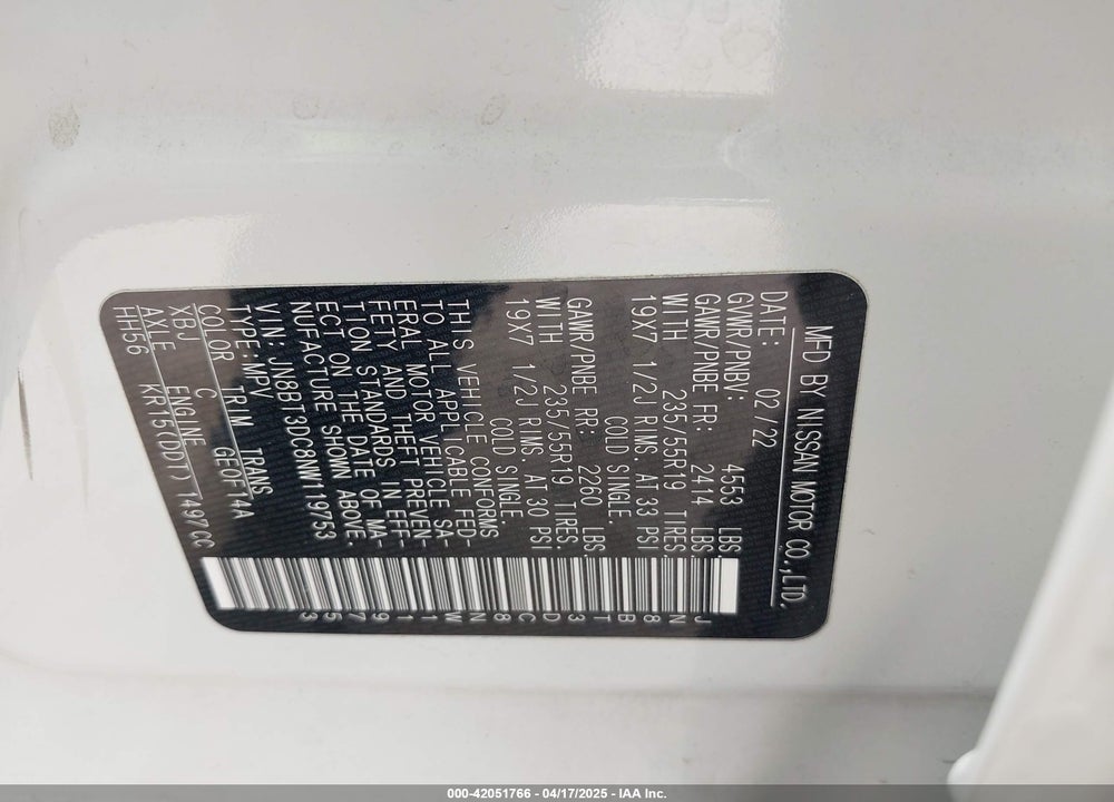 2022 NISSAN ROGUE PLATINUM FWD VIN: JN8BT3DC8NW119753