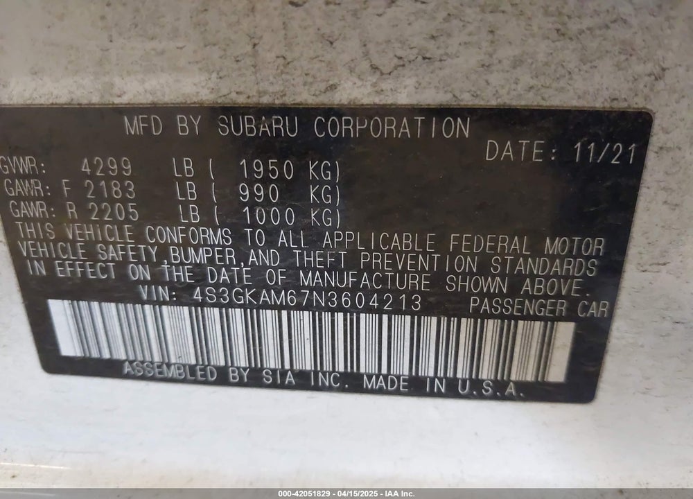 2022 SUBARU IMPREZA SPORT VIN: 4S3GKAM67N3604213