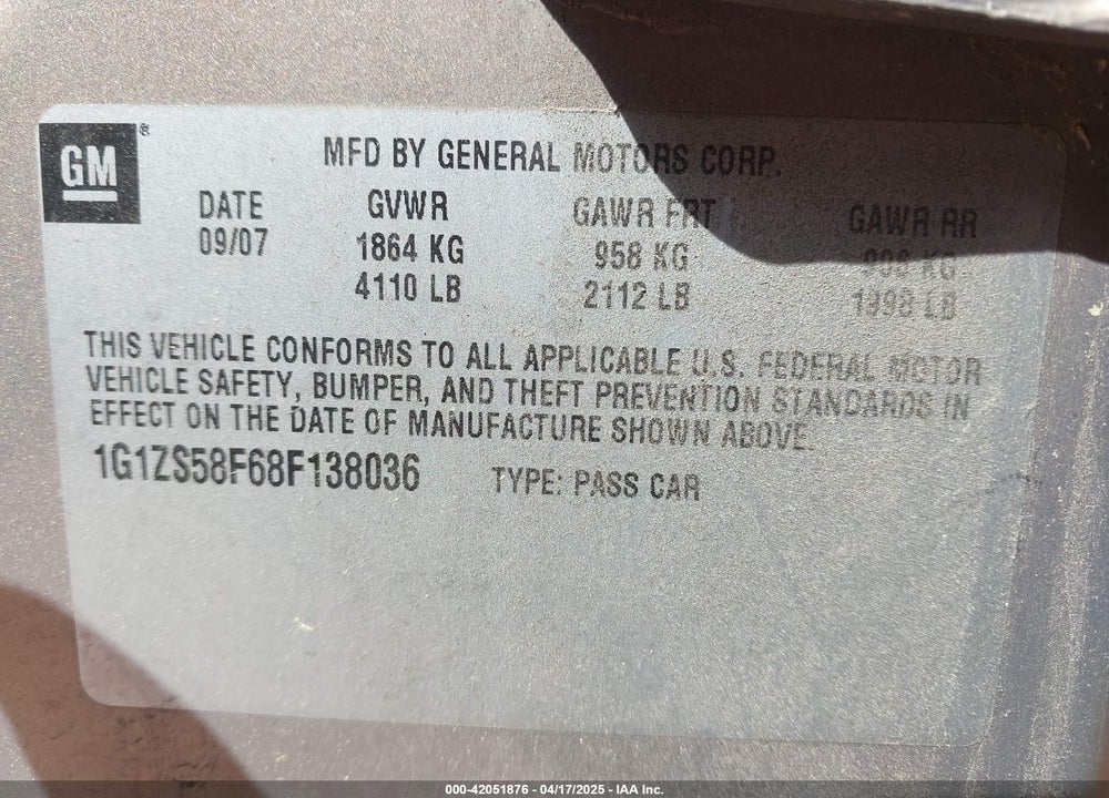 2008 CHEVROLET MALIBU CLASSIC LS VIN: 1G1ZS58F68F138036