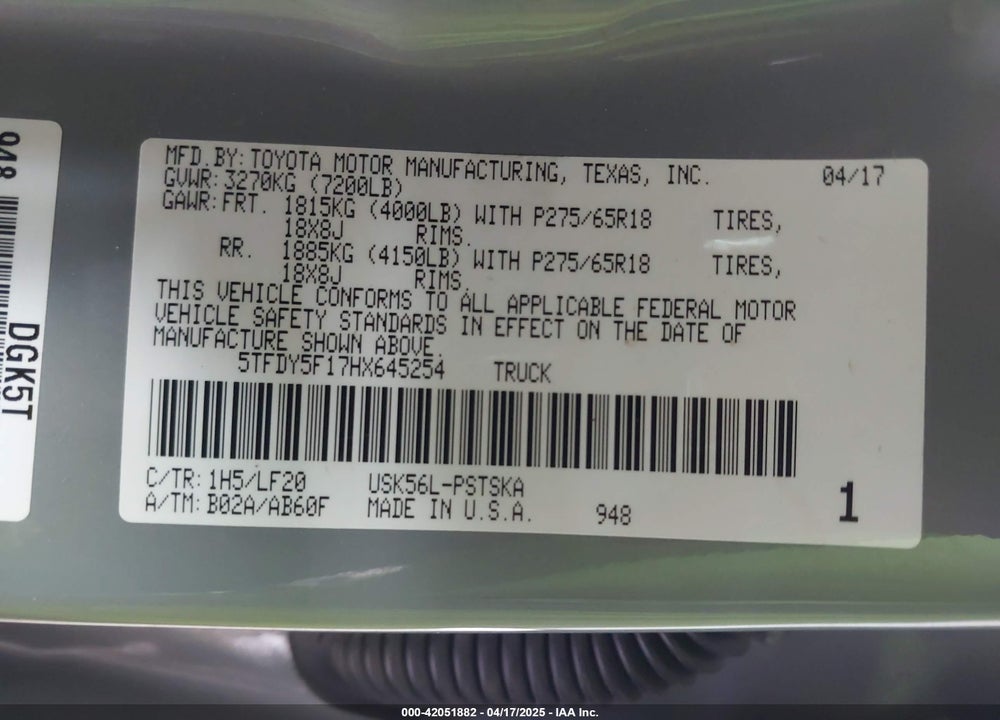 2017 TOYOTA TUNDRA VIN: 5TFDY5F17HX645254